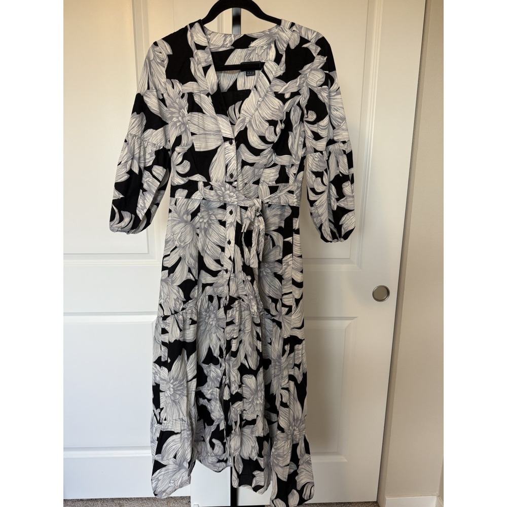 Maeve Puff-Sleeved Midi Dress Size 4 Floral Black White anthropology - Picture 2 of 4